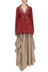 Red Peplum & Brown Drape Skirt