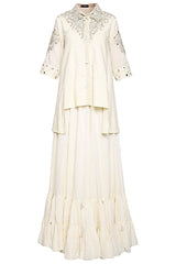 Off White Embroidered Frill Crush Skirt