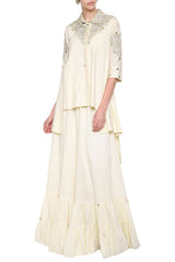 Off White Embroidered Frill Crush Skirt