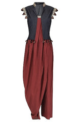 Red Embroidered Jumpsuit With Tassels Shrug