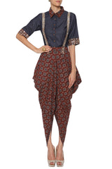 Blue & Maroon Embroidered Jumpsuit
