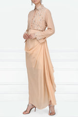 Peach Embroidered Shirt & Drape Skirt