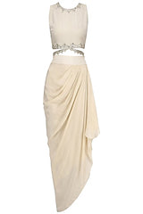Beige Georgette Crop Top & Drape Skirt