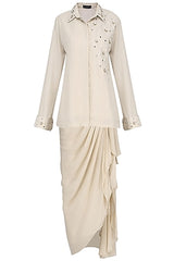 Beige Embroidered Shirt With Drape Skirt