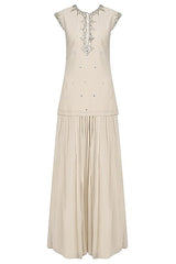 Beige Embroidered Kurta With Lehenga Set