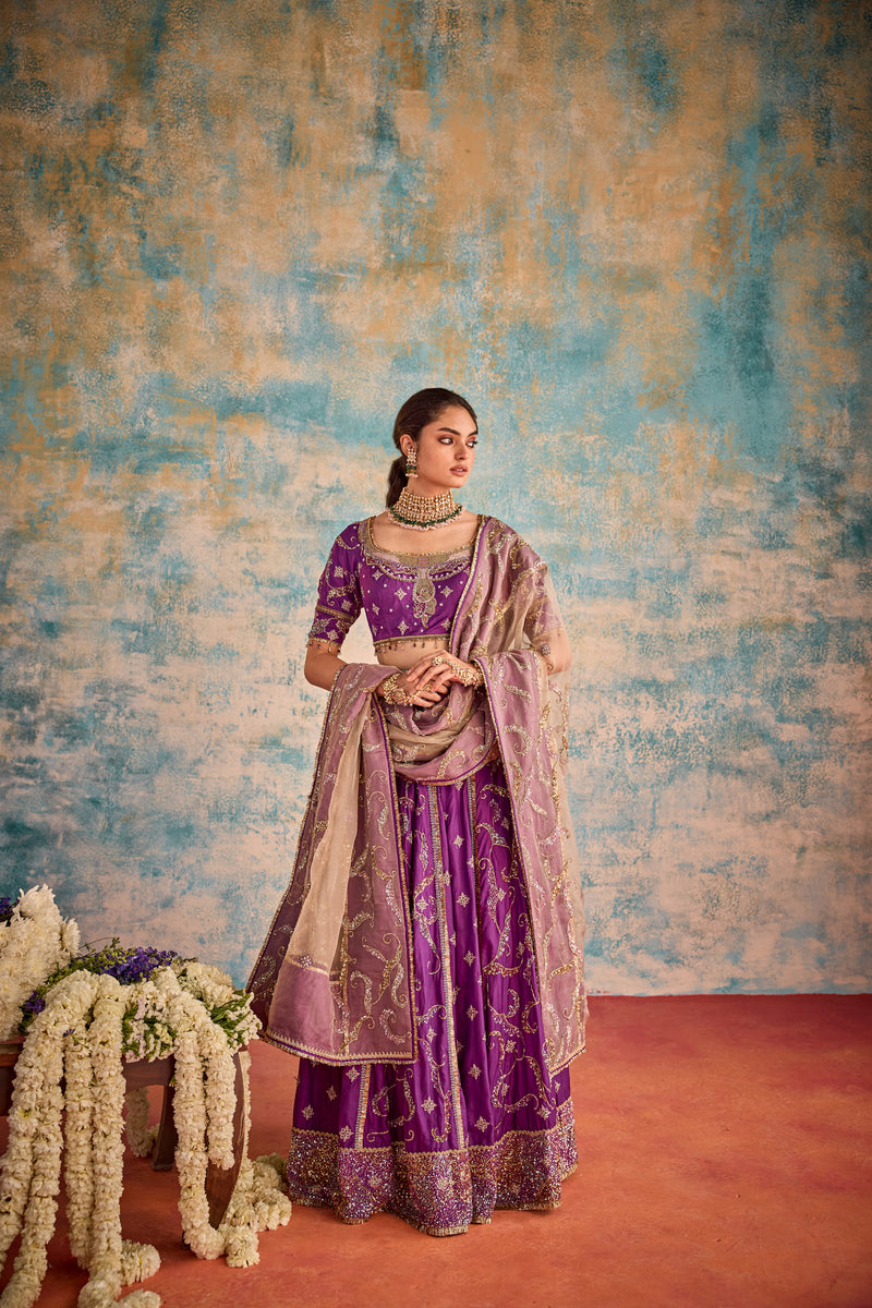 Purple bridal embroidered lehenga