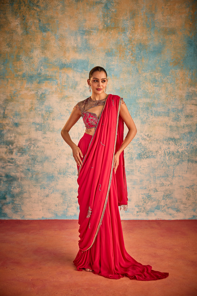 Red embroidered sari