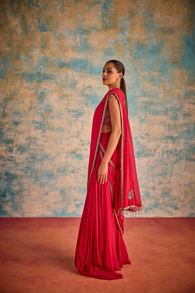 Red embroidered sari