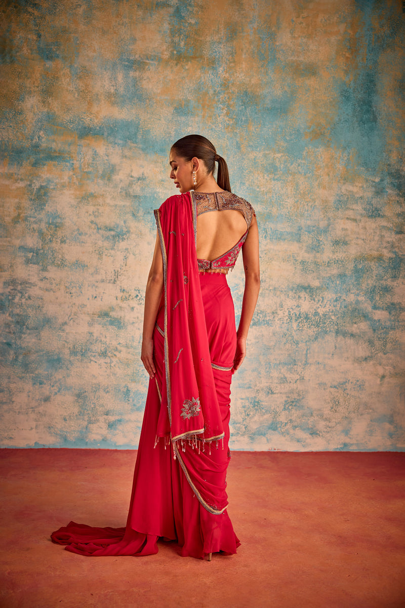 Red embroidered sari