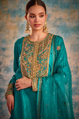 Turquoise Blue embroidered suit