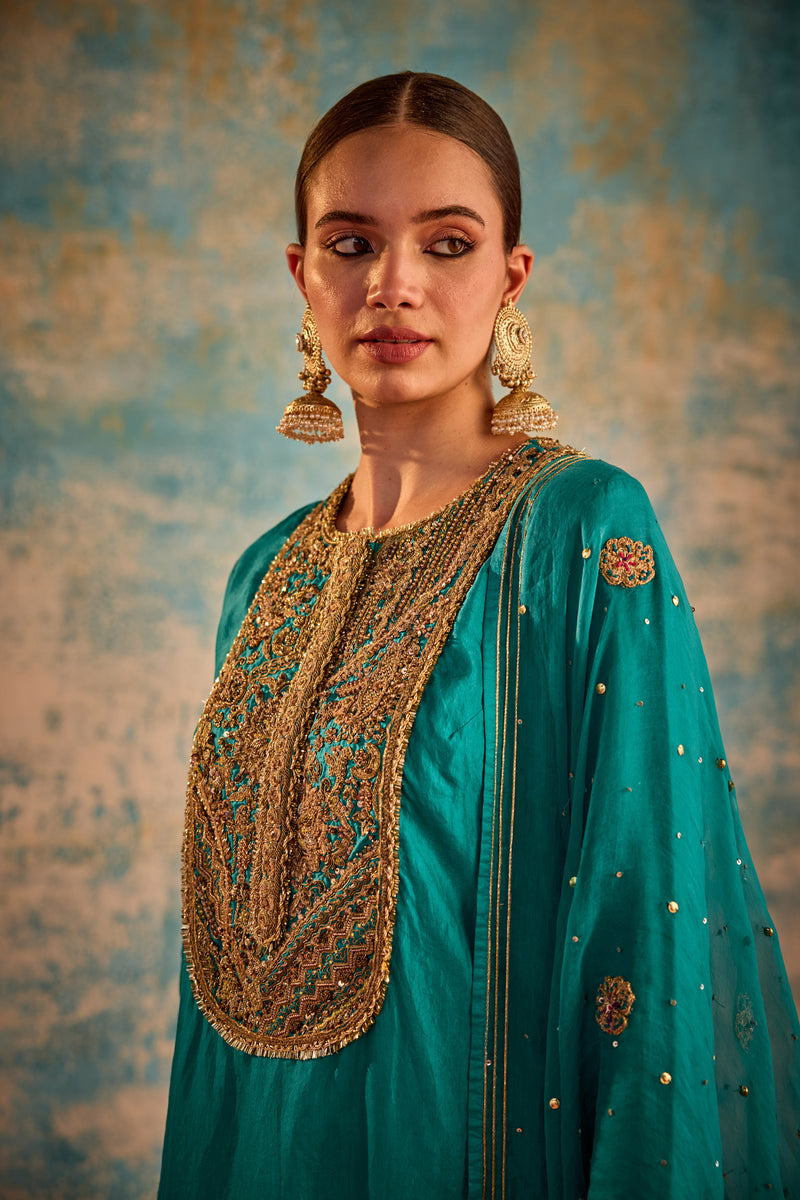 Turquoise Blue embroidered suit