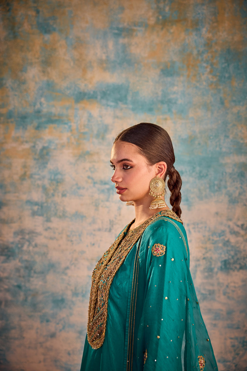 Turquoise Blue embroidered suit