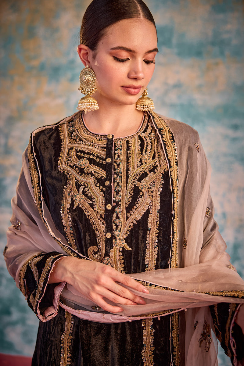 Embroidered velvet suit with Dupatta