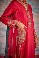 Red silk suit