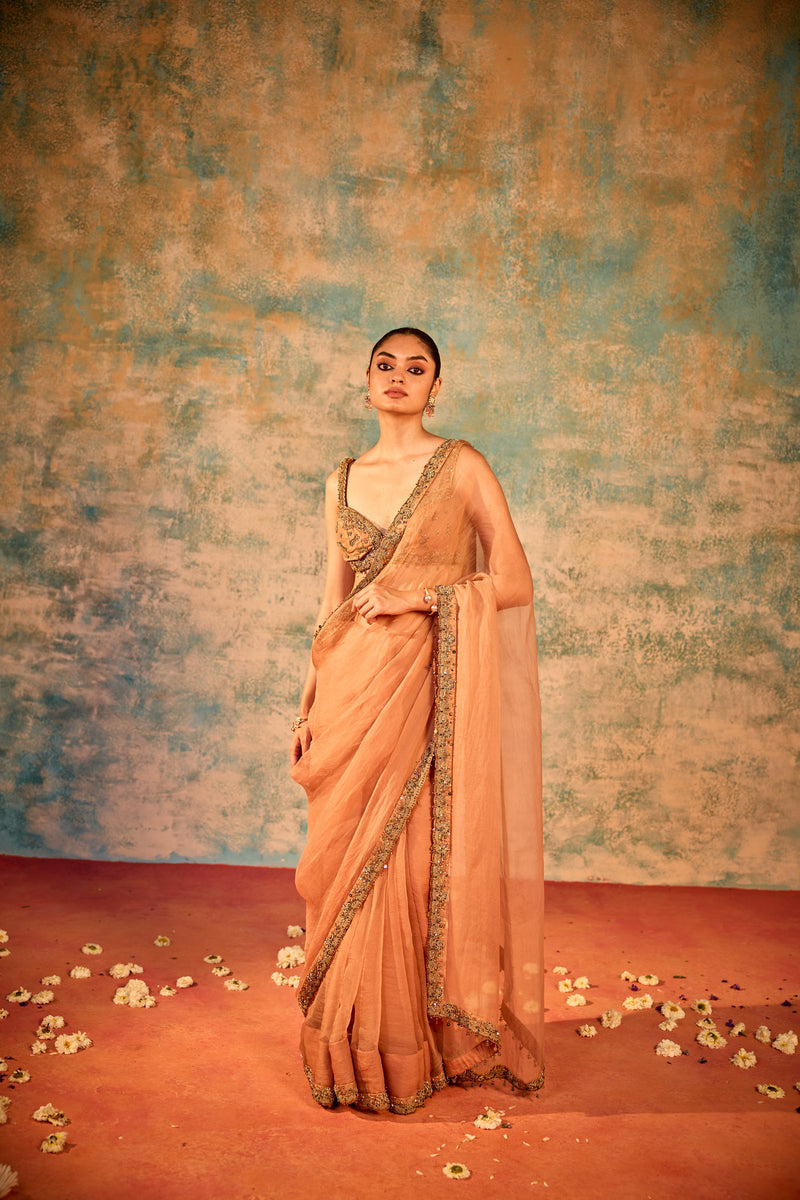 Peach embroidered sari