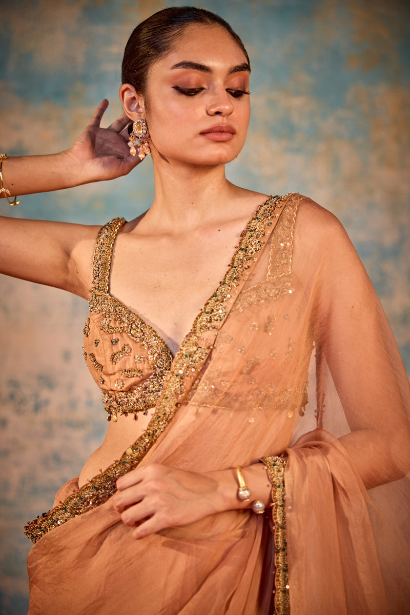 Peach embroidered sari