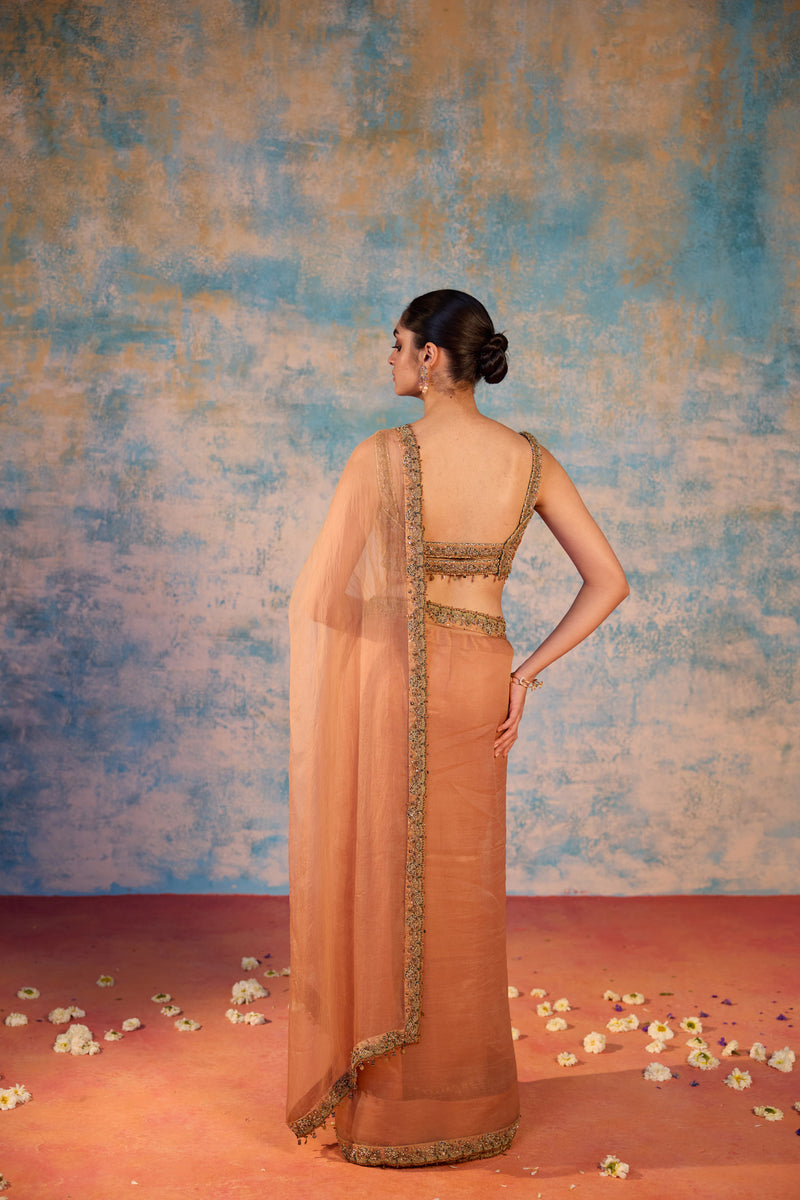 Peach embroidered sari