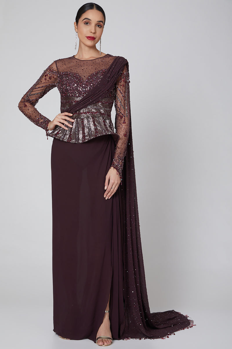 Wine Embroidered Gown