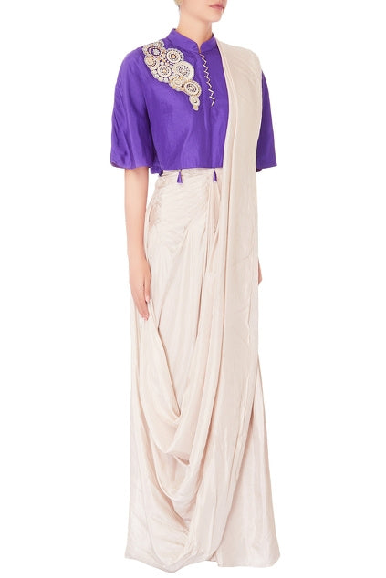 Cream Pre-draped Sari With Purple Blouse