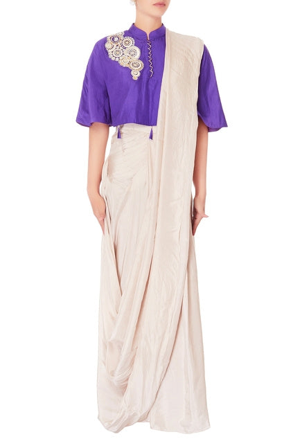 Cream Pre-draped Sari With Purple Blouse