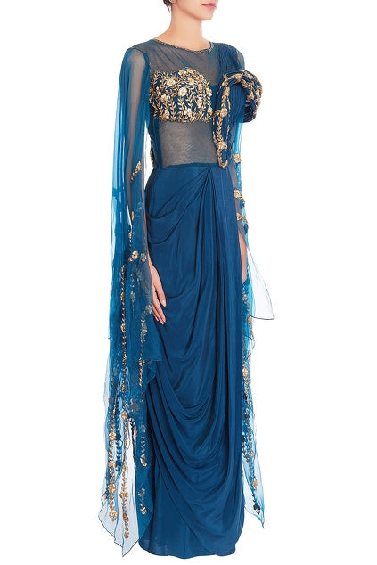 Blue Embellished Sari Gown