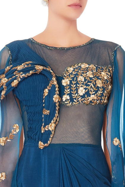 Blue Embellished Sari Gown