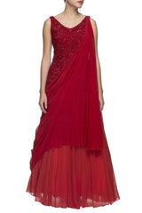 Red Embellished Gown With Drape