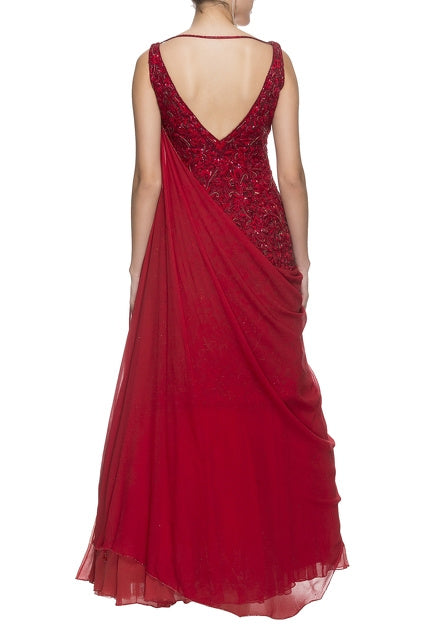 Red Embellished Gown With Drape