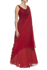 Red Embellished Gown With Drape