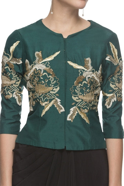 Peacock Green Embroidered Top & Draped Skirt