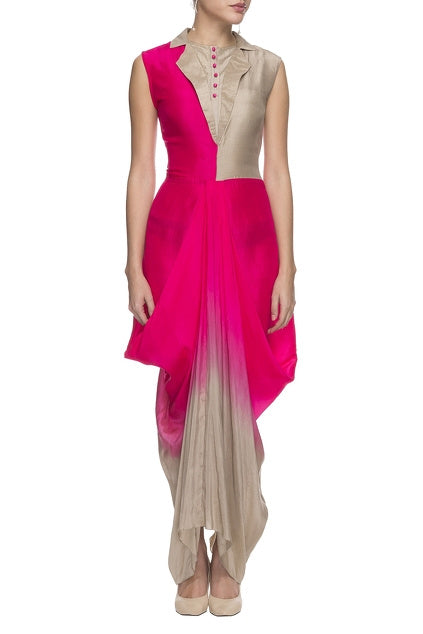 Pink & Beige Silk Draped Gown