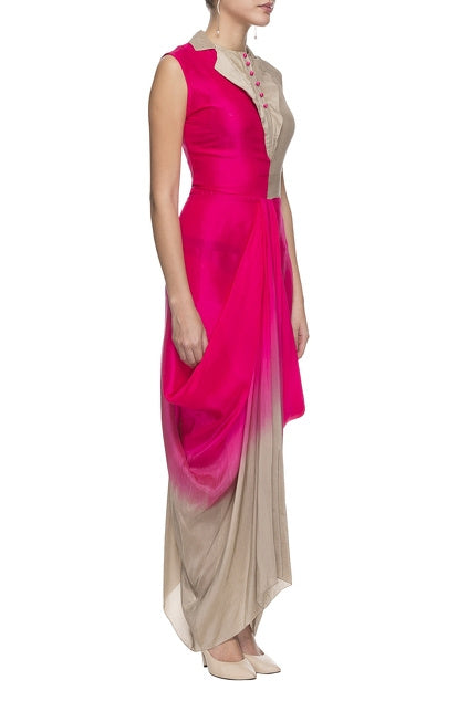 Pink & Beige Silk Draped Gown