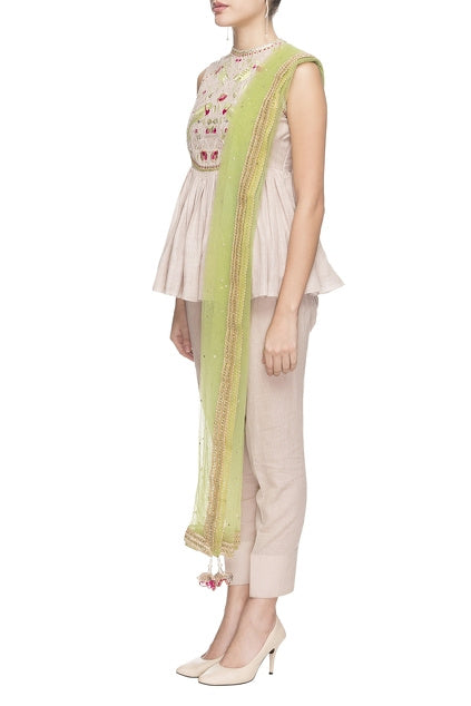 Beige Embroidered Peplum Top With Trousers & Dupatta