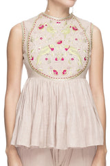 Beige Embroidered Peplum Top With Trousers & Dupatta