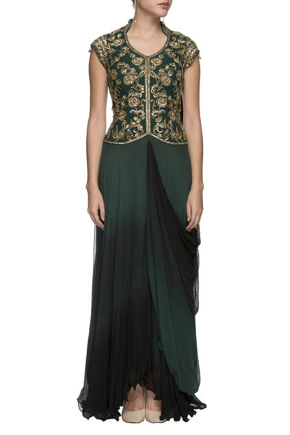Emerald Green Embroidered Draped Gown
