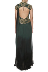 Emerald Green Embroidered Draped Gown