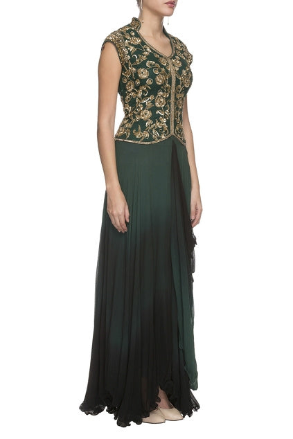 Emerald Green Embroidered Draped Gown
