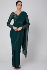 Emerald Green Embroidered Stitched Saree