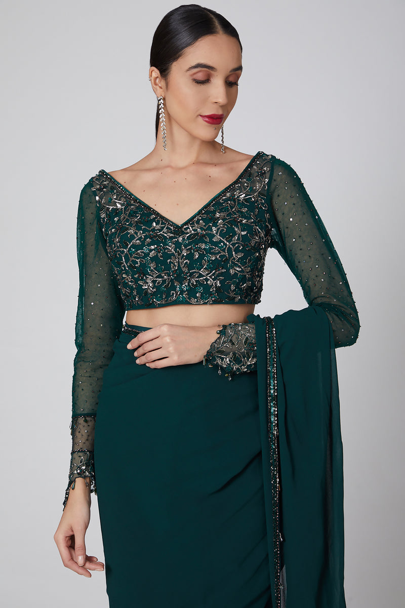 Emerald Green Embroidered Stitched Saree