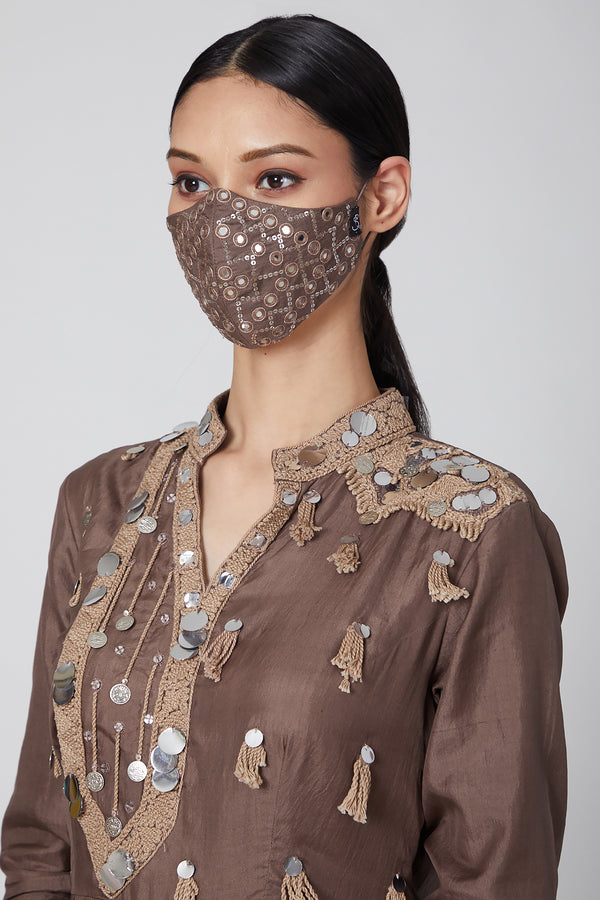 Brown Embroidered Mask