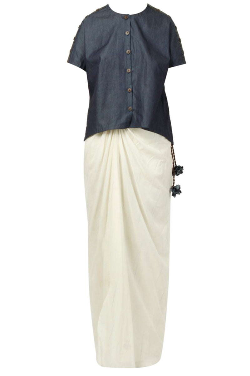 Blue Denim Shirt With Ivory Draped Skirt