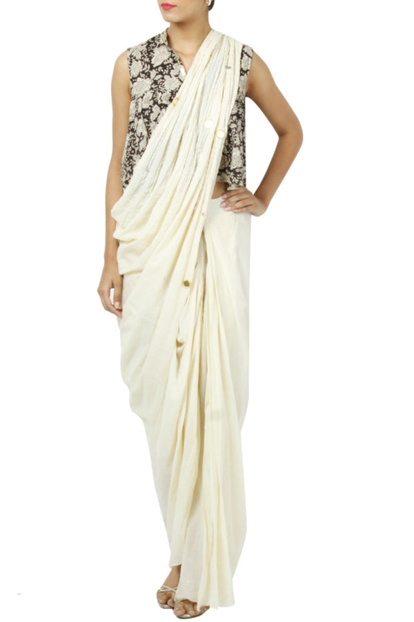 Ivory Drape Saree With Printed Top