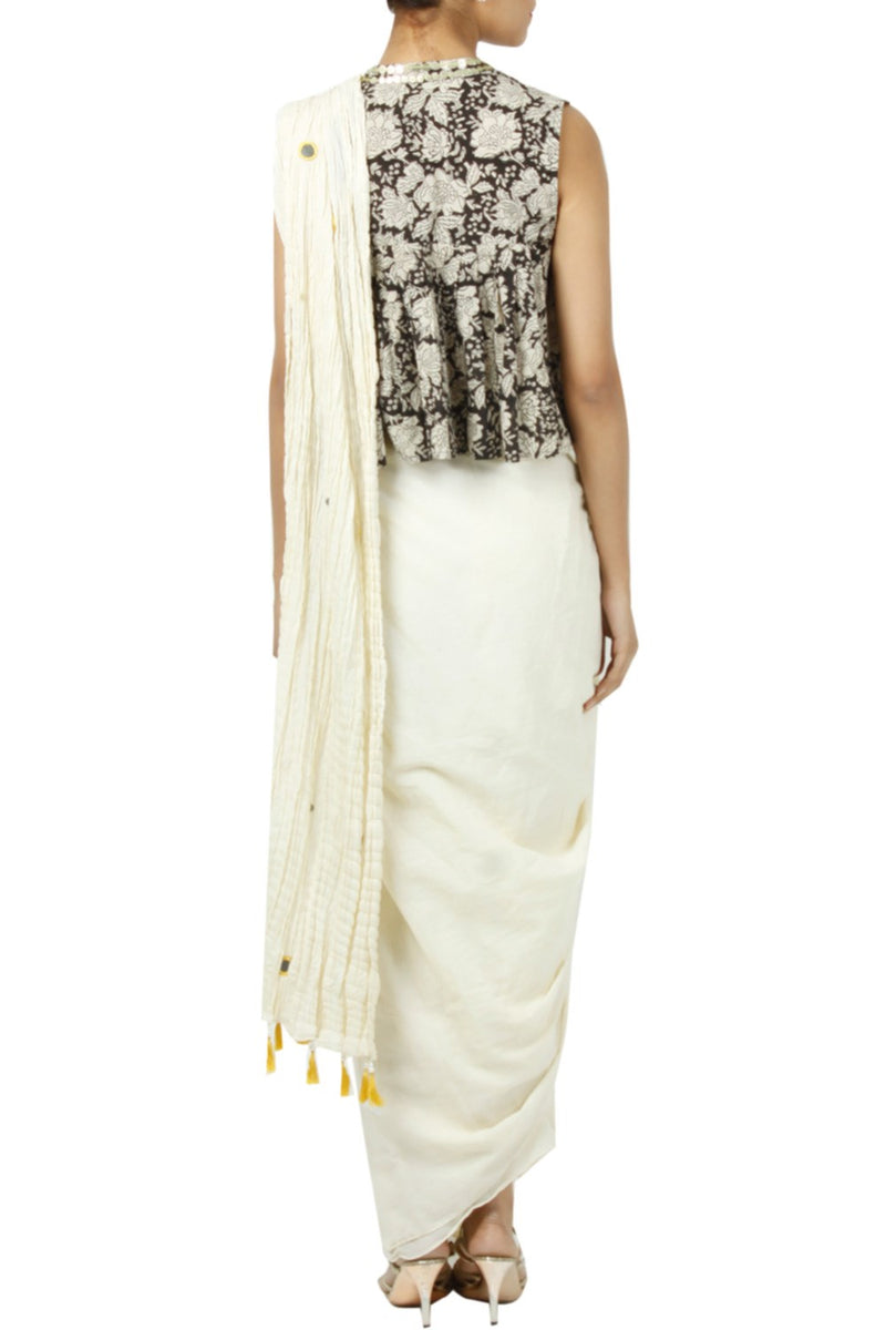 Ivory Drape Saree With Printed Top