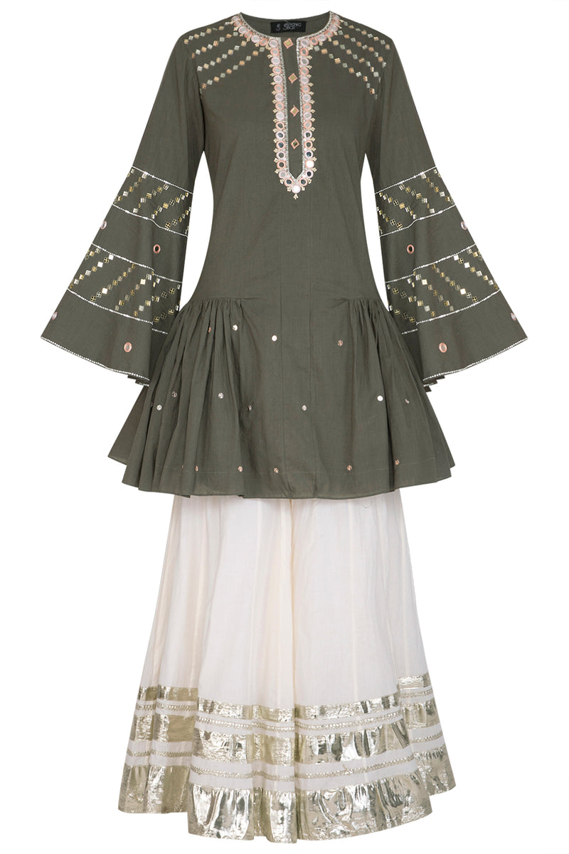 Olive Green Embroidered Pleated Gharara Set