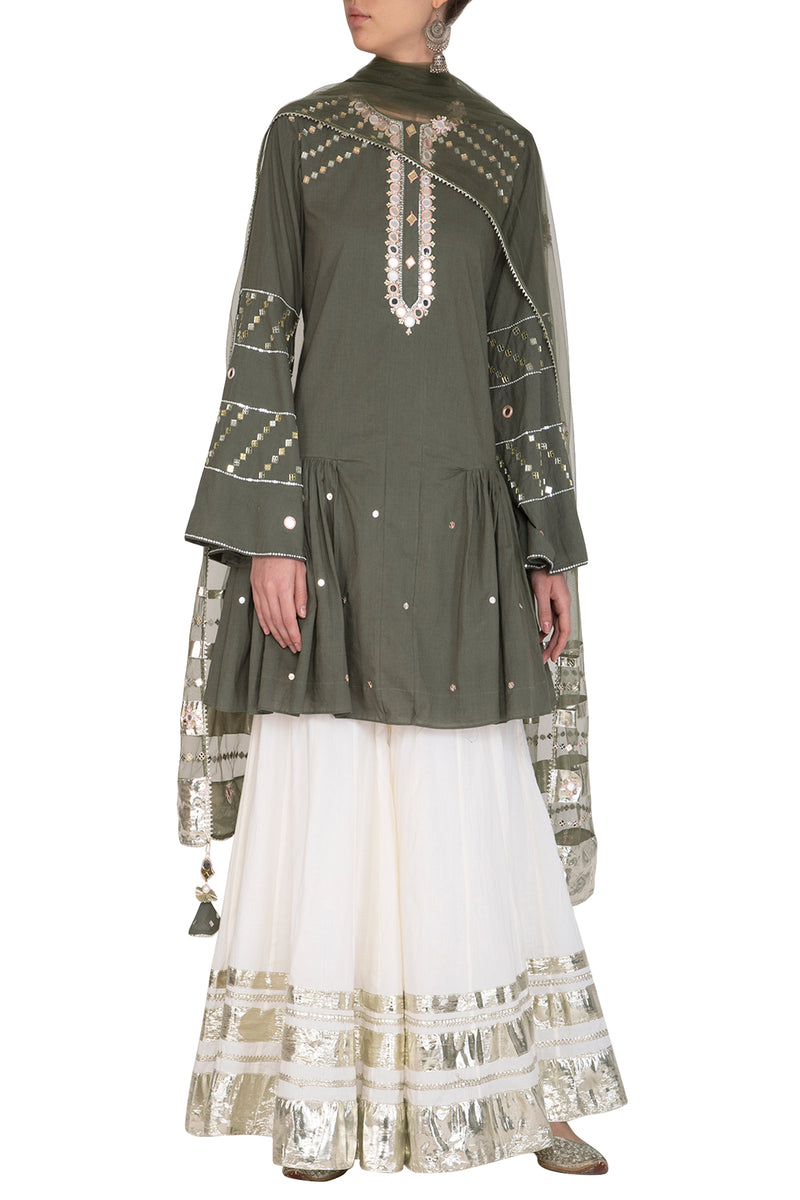 Olive Green Embroidered Pleated Gharara Set