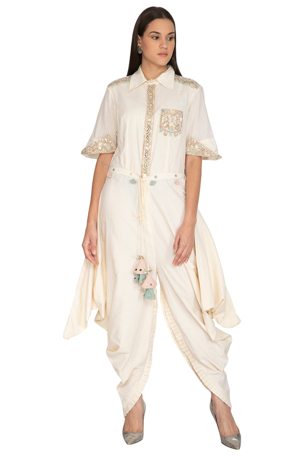White Embroidered Jumpsuit With Belt