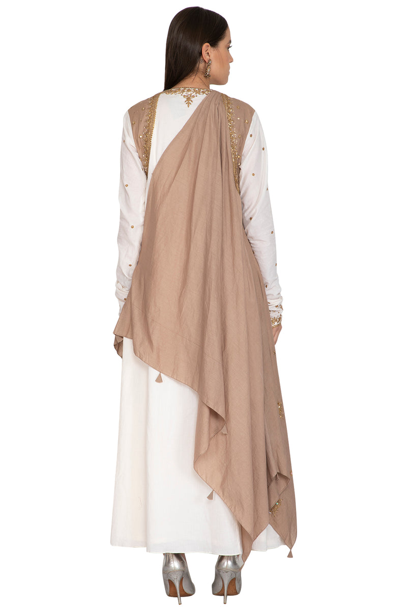 White & Beige Embroidered Draped Kurta Set