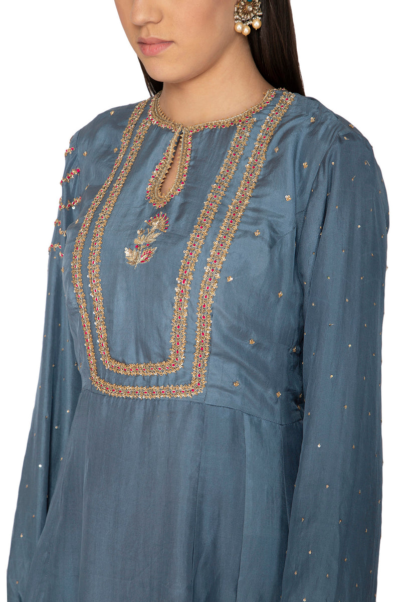 Teal Blue Embroidered Sharara Set