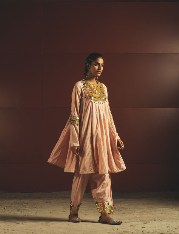 Peach Embellished Short Kurta with Salwar