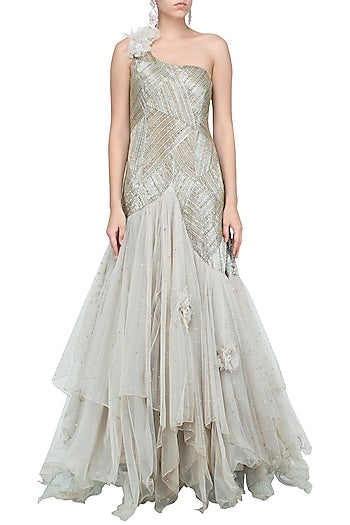 Grey Fully Embellished Flared Gown